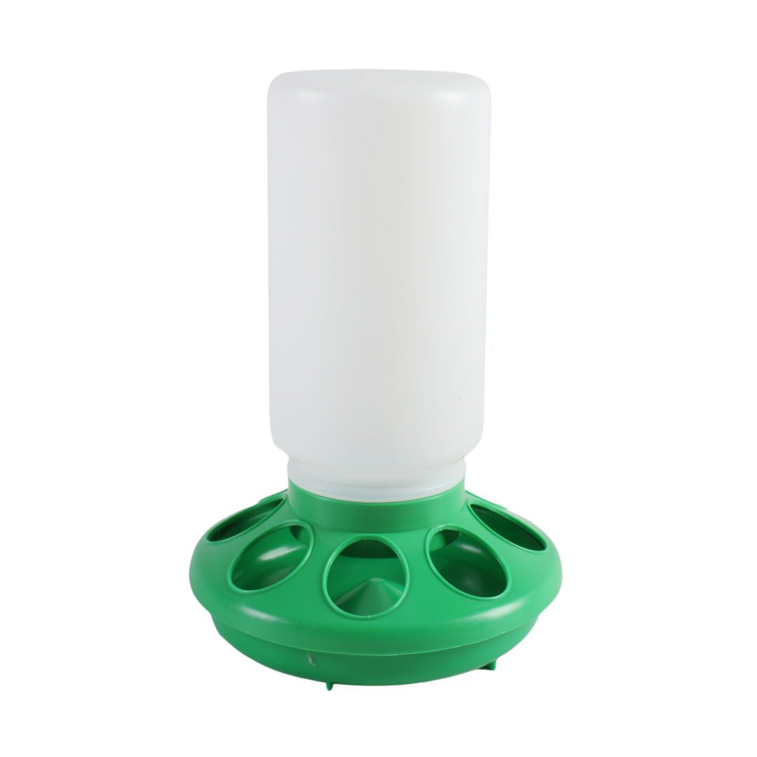 The Farmight Chick Feeder by My Pet Chicken is a 1-quart plastic feeder ideal for brooders, featuring a white cylindrical container and green circular base with multiple openings, similar to an 8-hole plastic feeder.