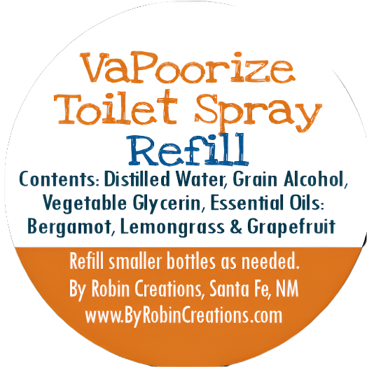 Refill pouch for VaPoorize "use before you poo" toilet spray by Robin Creations, showing packaging and product branding.