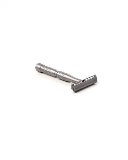Blackland Razors Vector Titanium safety razor with a sleek, metallic finish and textured handle for a secure grip.