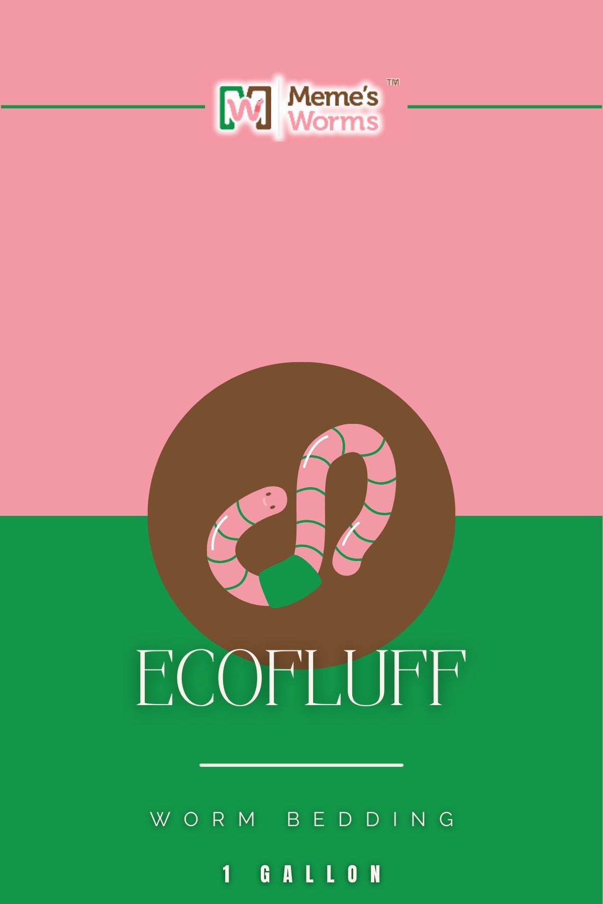 A pink and green package displays two cartoon worms on a brown circle, with the text “Worm Bedding EcoFluff 1 Gallon” and “Meme’s Worms” logo—ideal for vermiculture and made from sustainable materials.
