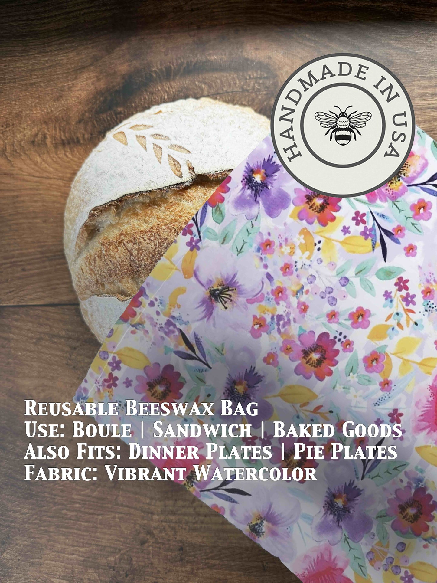 Vibrant watercolor illustration of a beeswaxed bread bag from Five Oaks Farm, showcasing its colorful, natural farm-inspired design.