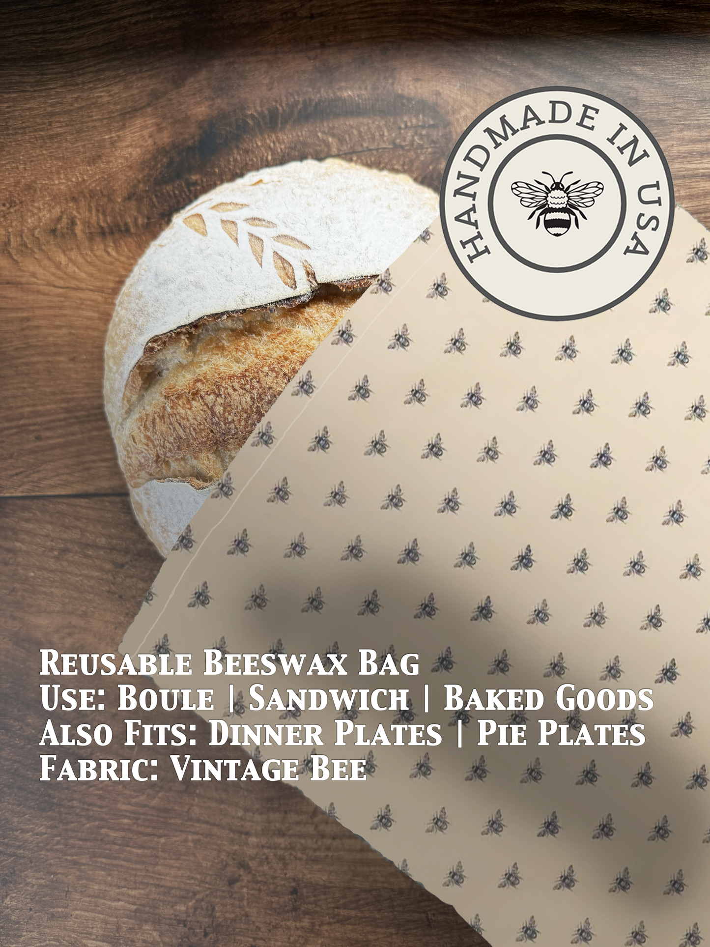 Vintage beeswaxed bread bag from Five Oaks Farm, reusable and eco-friendly storage for fresh bread.