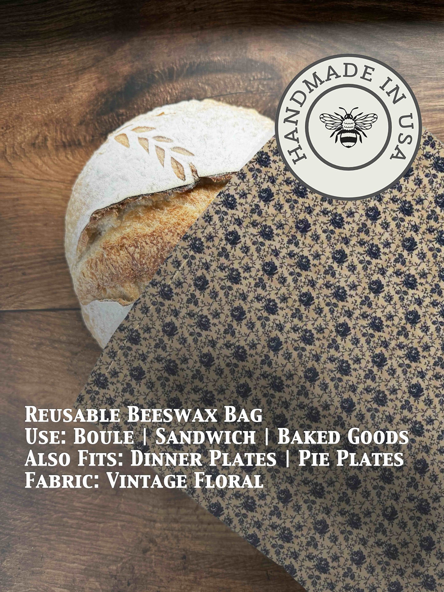 Vintage-style beeswaxed bread bag from Five Oaks Farm with floral pattern, showcasing its artisanal, eco-friendly design.