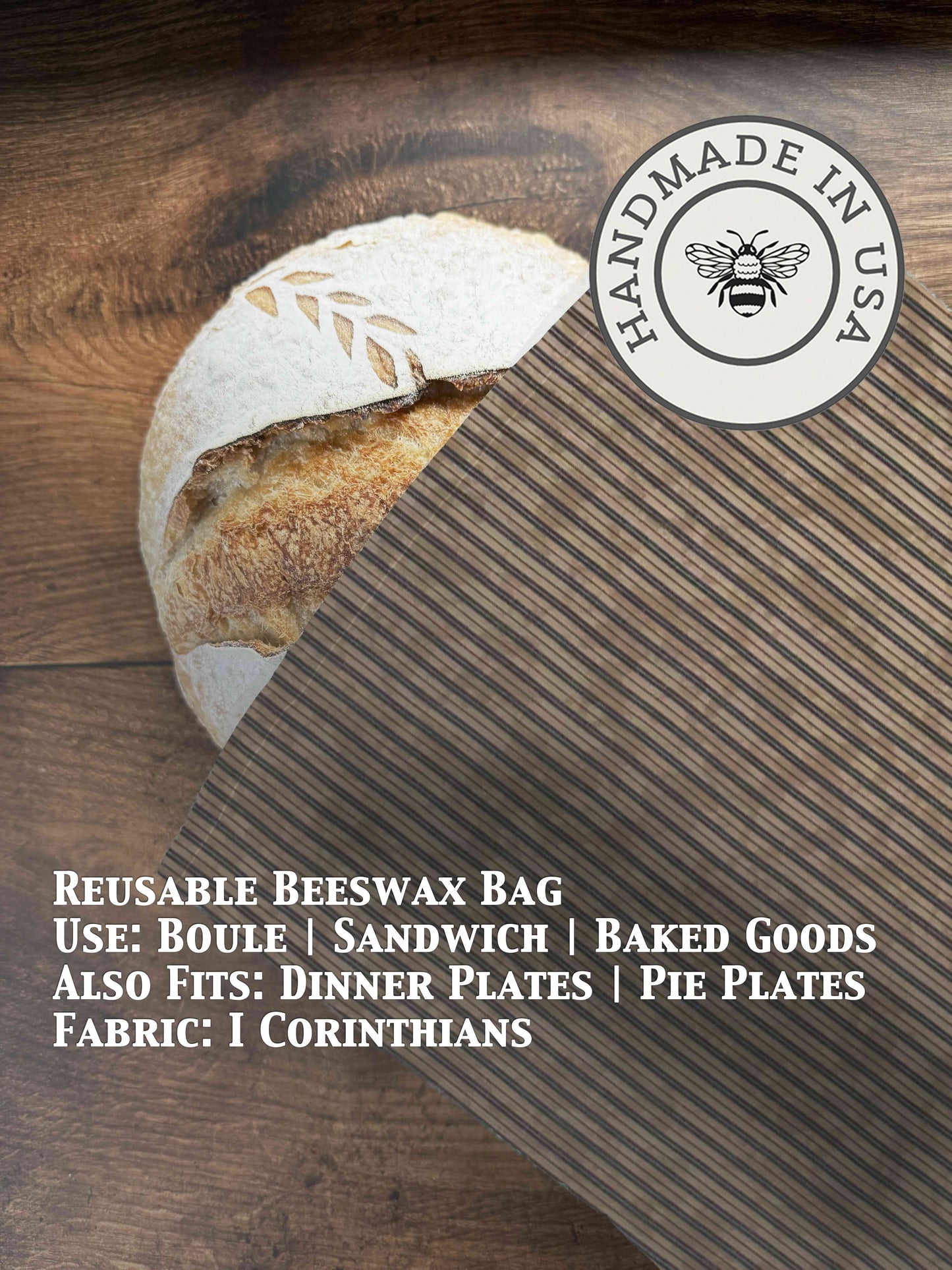 Vintage striped beeswaxed bread bag from Five Oaks Farm, natural cotton with beeswax coating for fresh bread storage.