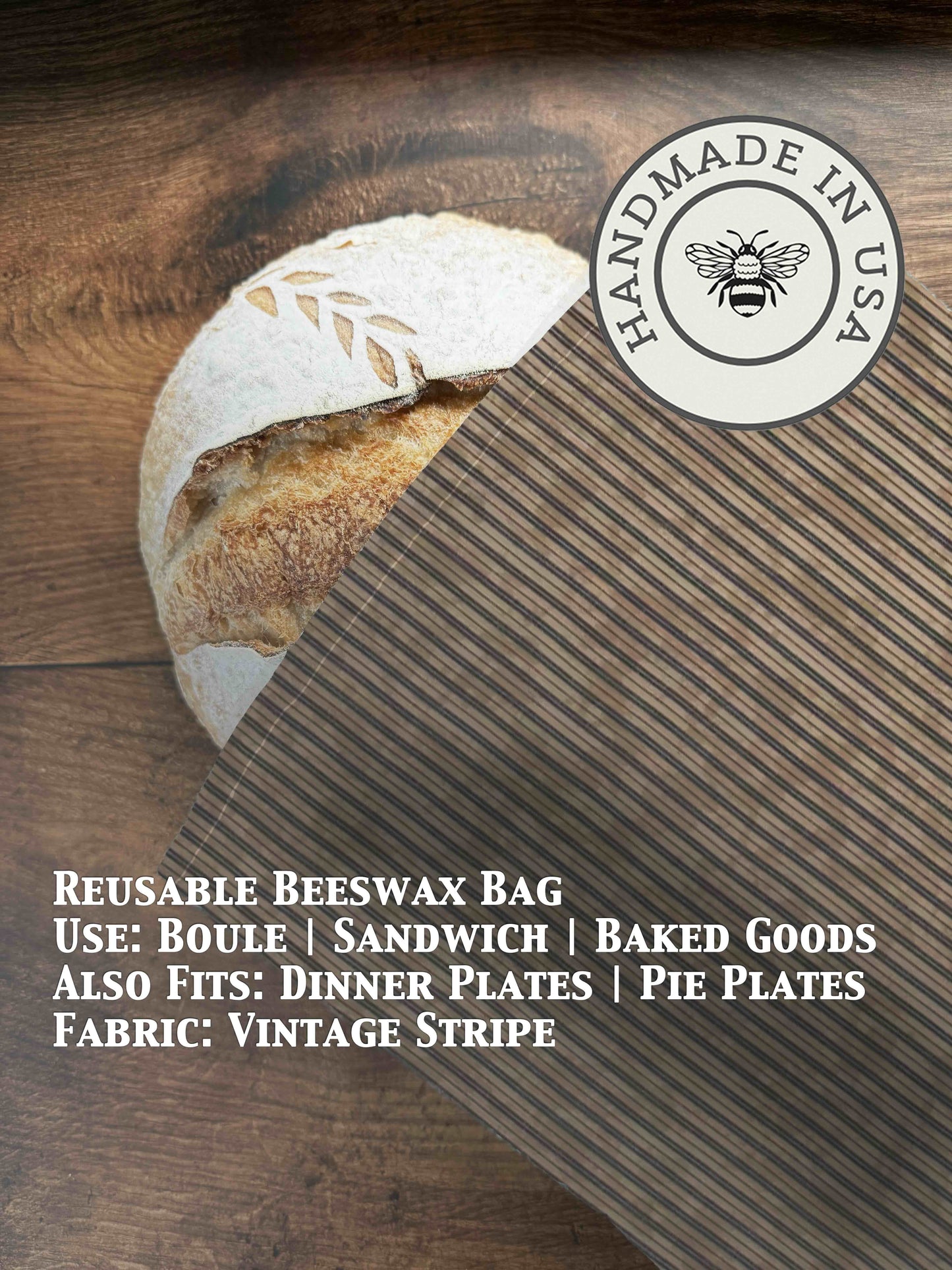 Vintage striped beeswaxed bread bag from Five Oaks Farm, eco-friendly cloth bread storage with natural beeswax coating.