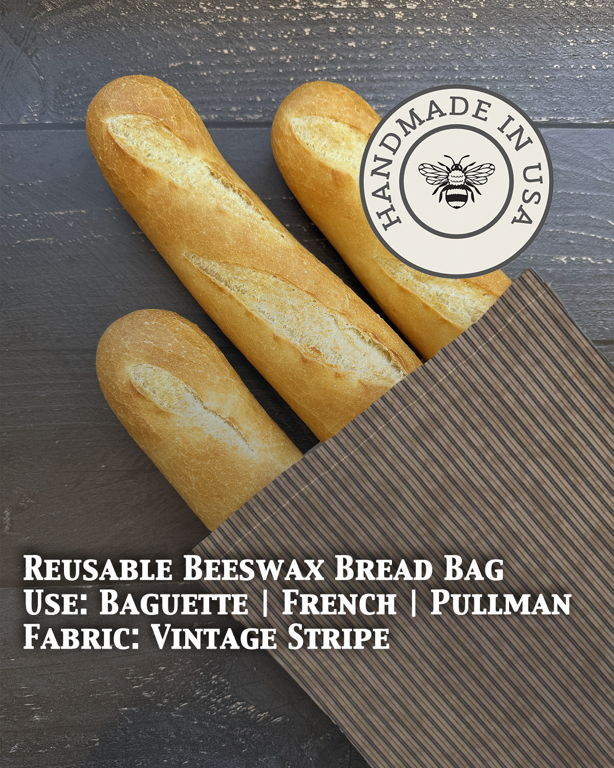 Vintage-striped beeswaxed baguette bag from Five Oaks Farm, durable and eco-friendly, with a classic farm-inspired design.