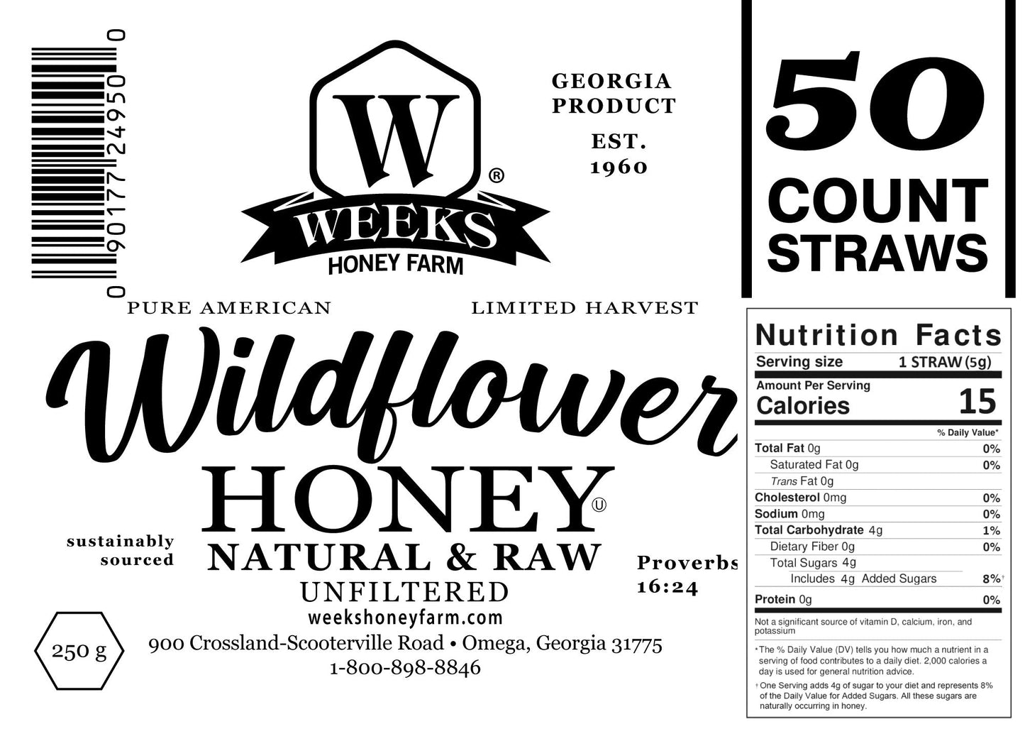Label for Weeks Honey Farm Raw Honey Straws—Orange Blossom, Wildflower, Raspberry. Displays nutrition facts, product info, and contact details. Showcases all-natural raw honey harvested in Georgia. Black text on a white background.