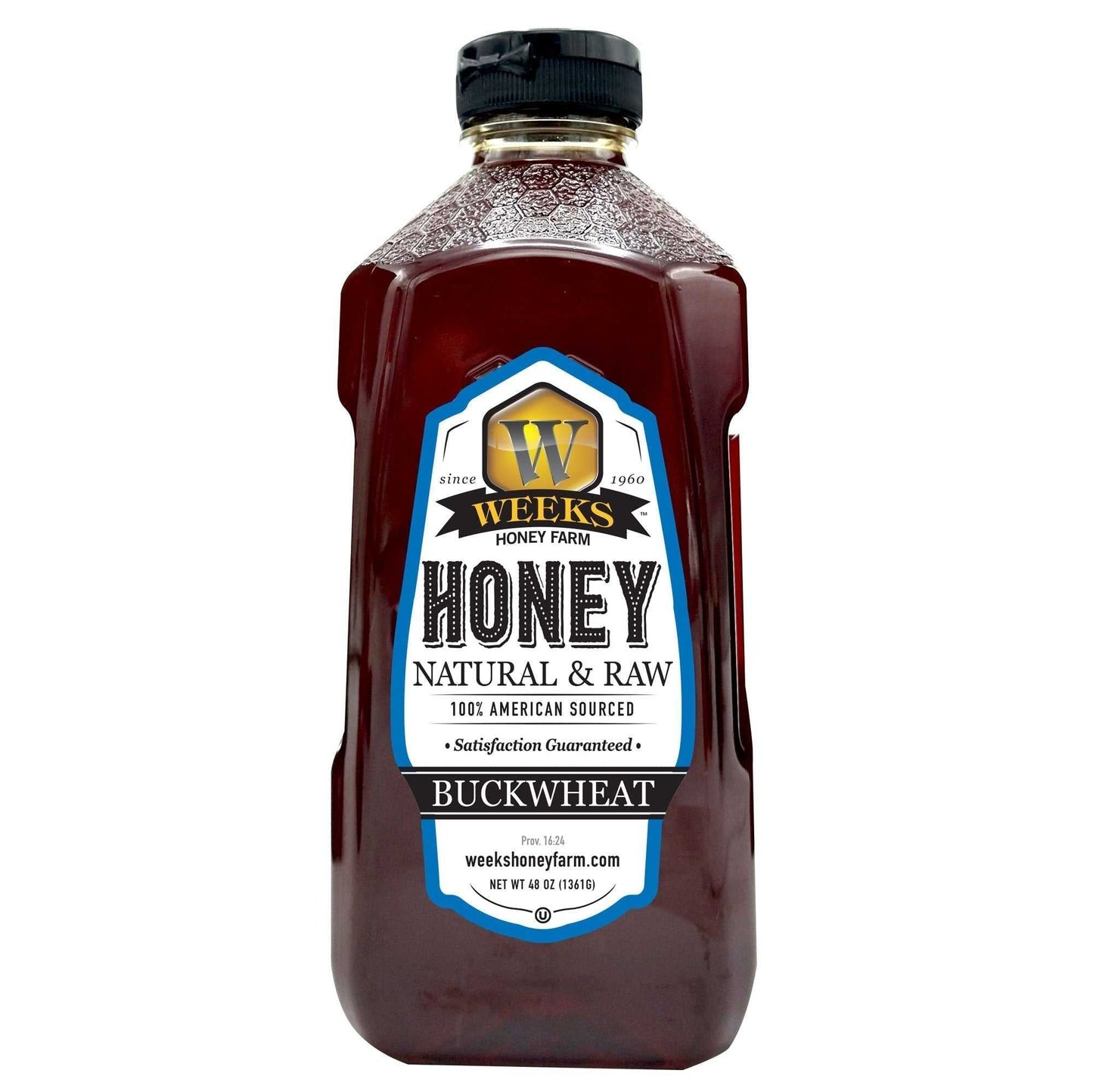 A bottle of Weeks Honey Farms Raw Buckwheat Honey features a black cap and “100% American sourced” label. This dark amber, antioxidant-rich honey has a robust molasses flavor—ideal for coffee, waffles, or BBQ sauce. Satisfaction guaranteed.
