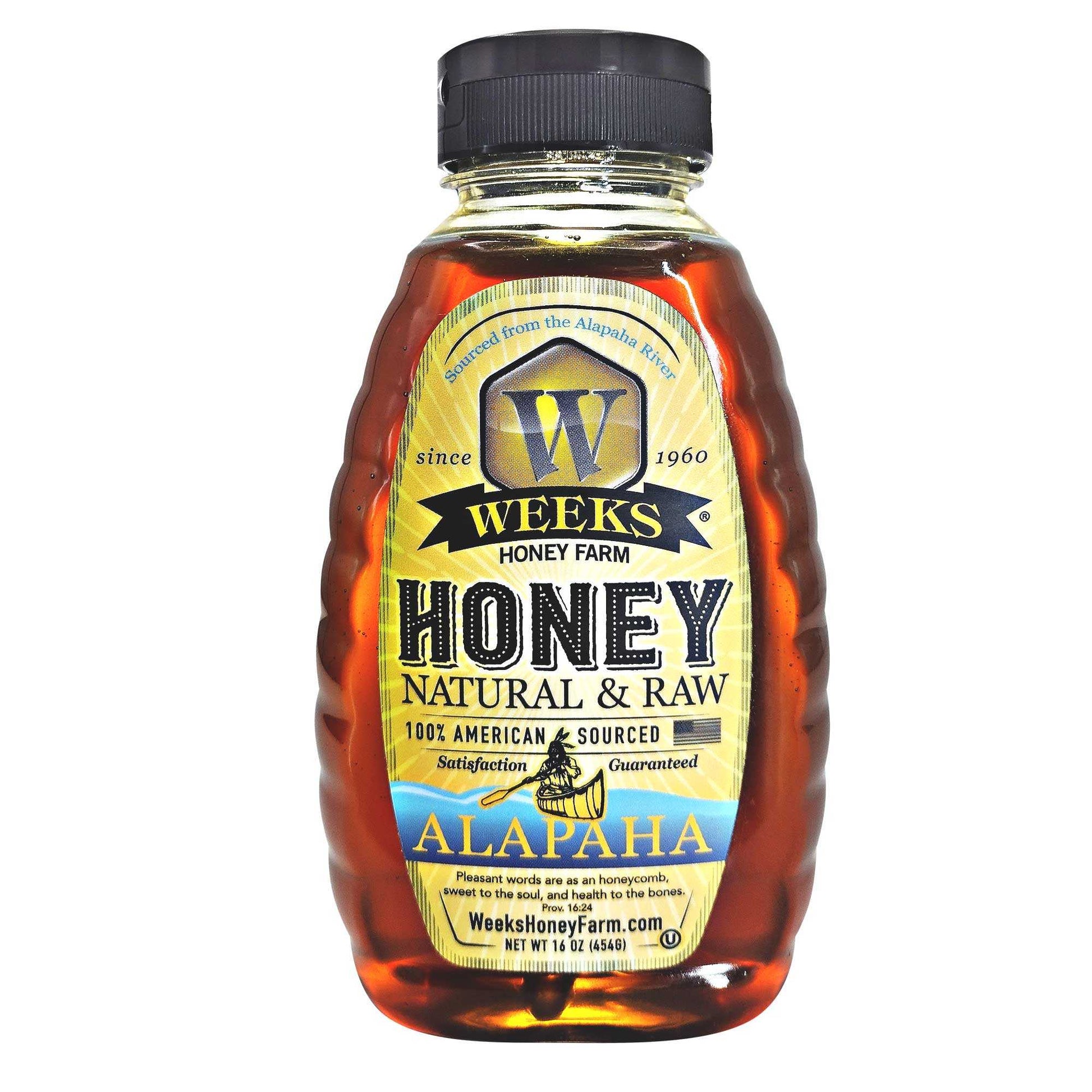 A bottle of Weeks Honey Farm Premium Raw Alapaha Honey, an unfiltered wildflower blend rich in antioxidants and floral notes, sourced from a South Georgia river and featuring a “100% American Sourced” label.