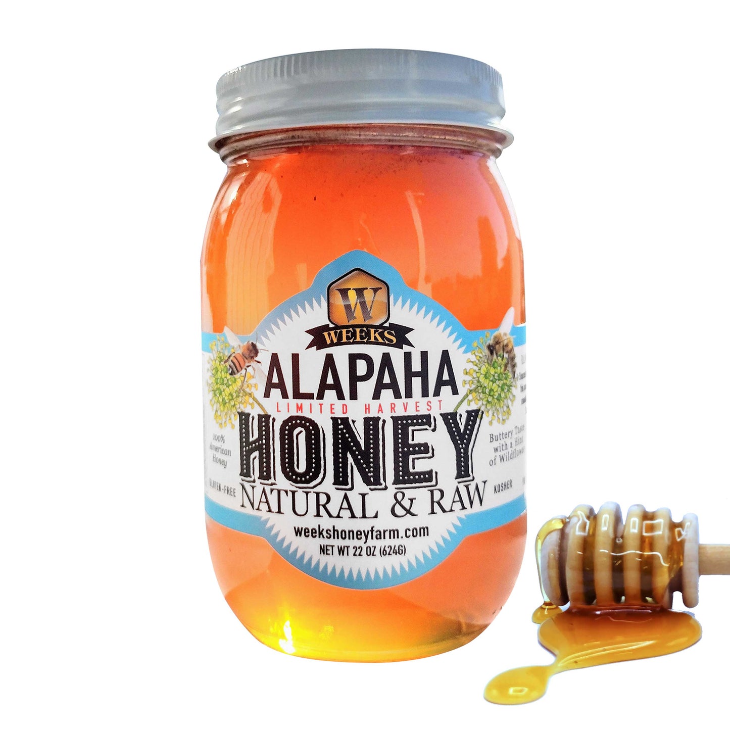 A jar of Weeks Honey Farm Premium Raw Alapaha Honey—an unfiltered wildflower blend rich in antioxidants and floral notes, sourced from a South Georgia river—sits beside a wooden honey dipper coated with golden honey on a white background.