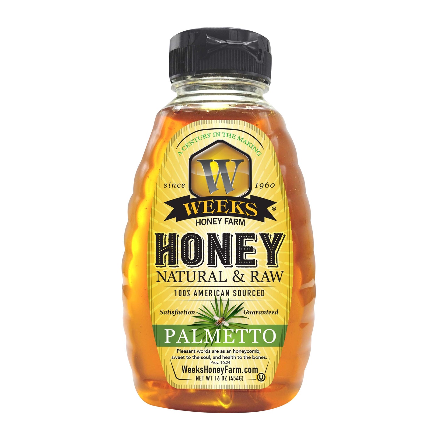 A clear plastic squeeze bottle of Weeks Honey Farm Pure, Raw & Unfiltered Palmetto Honey, USA, with golden honey inside and a label featuring green, gold, and black text—a perfect natural sweetener for any pantry.
