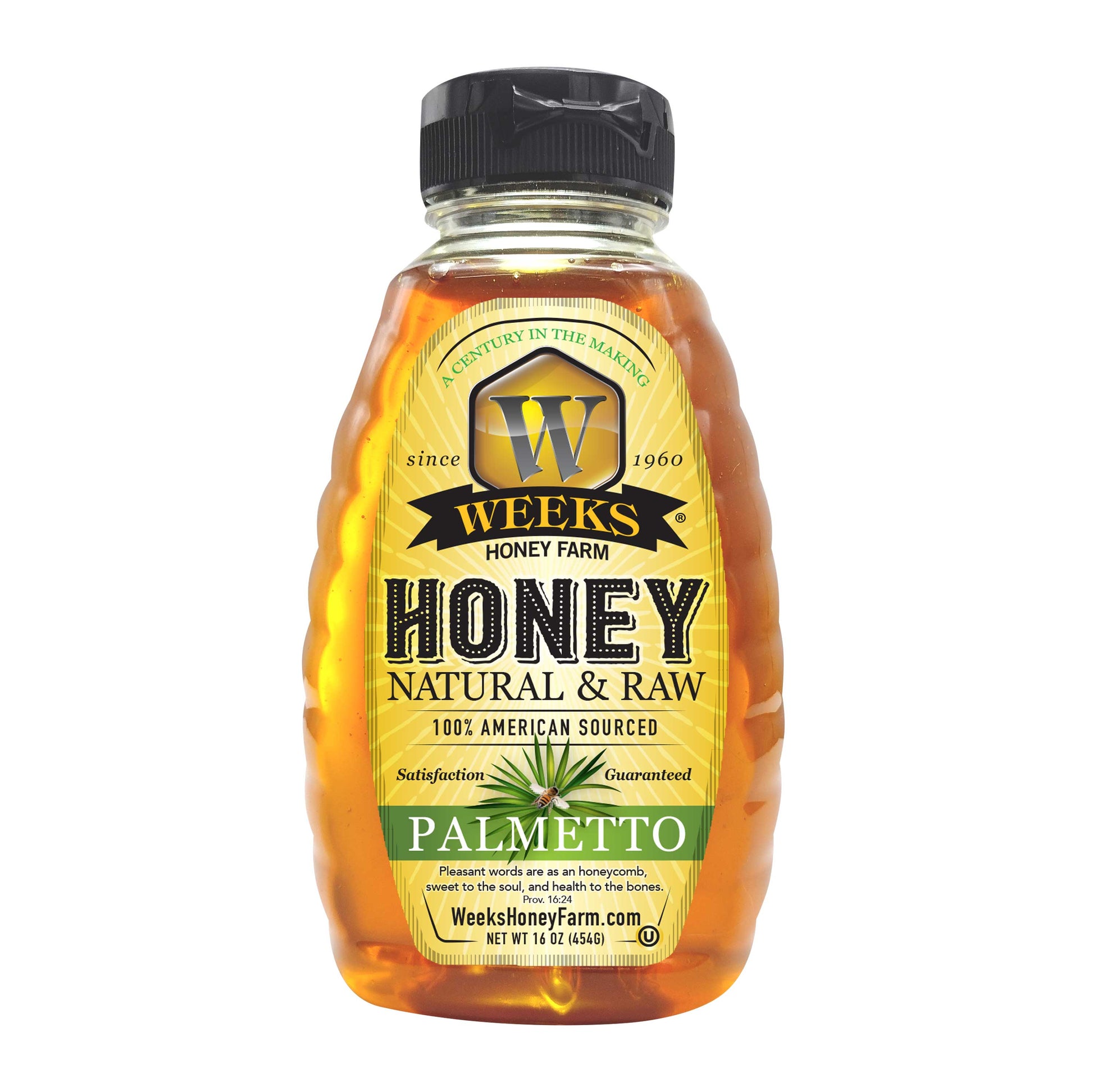 A clear plastic squeeze bottle of Weeks Honey Farm Pure, Raw & Unfiltered Palmetto Honey, USA, with golden honey inside and a label featuring green, gold, and black text—a perfect natural sweetener for any pantry.