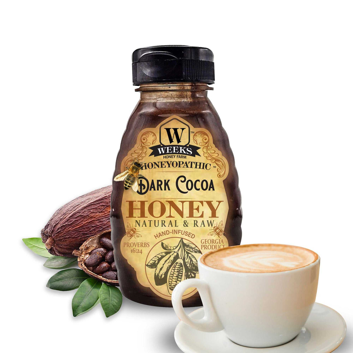 Weeks Honey Farm raw infused honey sampler with five flavors, including cocoa honey jar