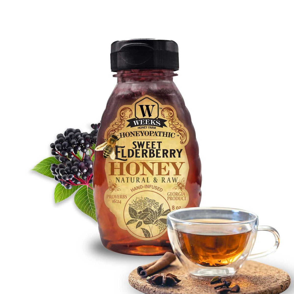 Weeks Honey Farm raw infused honey sampler with five flavor jars, including elderberry-infused honey