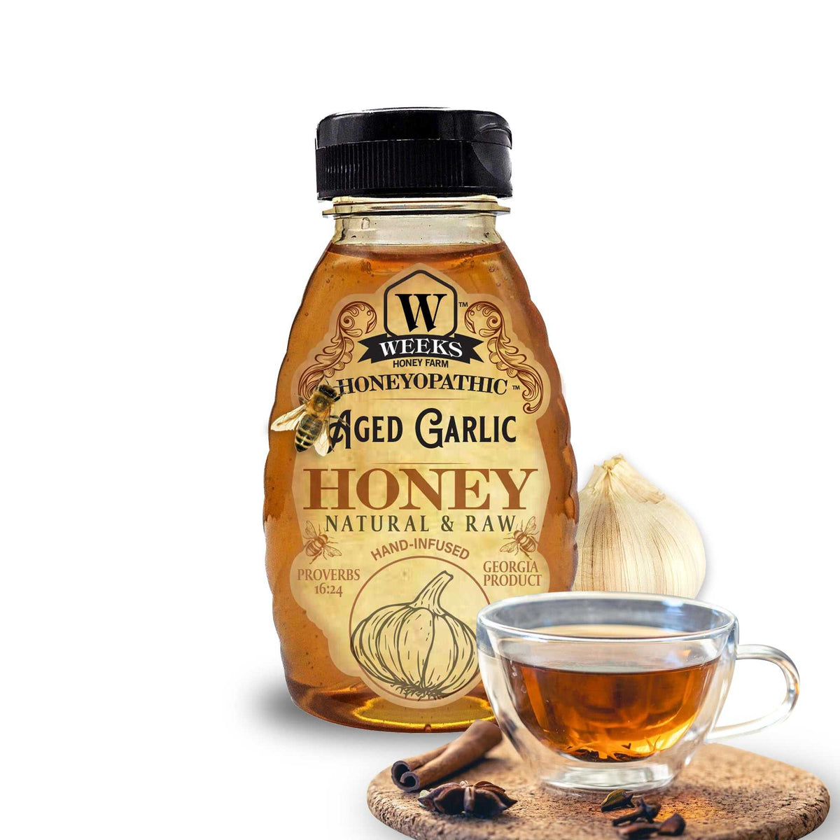 Weeks Honey Farm raw infused honey sampler with garlic flavor jar close-up