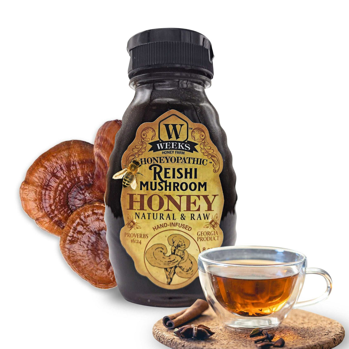 Weeks Honey Farm raw infused honey sampler with five flavors, including Reishi, in glass jars