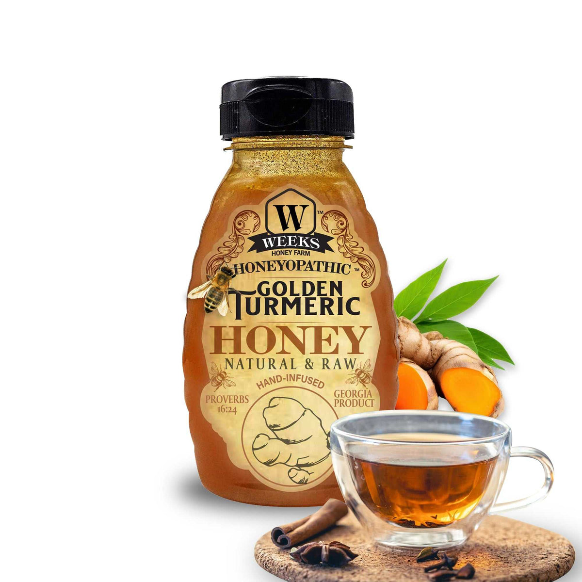 Weeks Honey Farm raw infused honey sampler with turmeric flavor jar and label