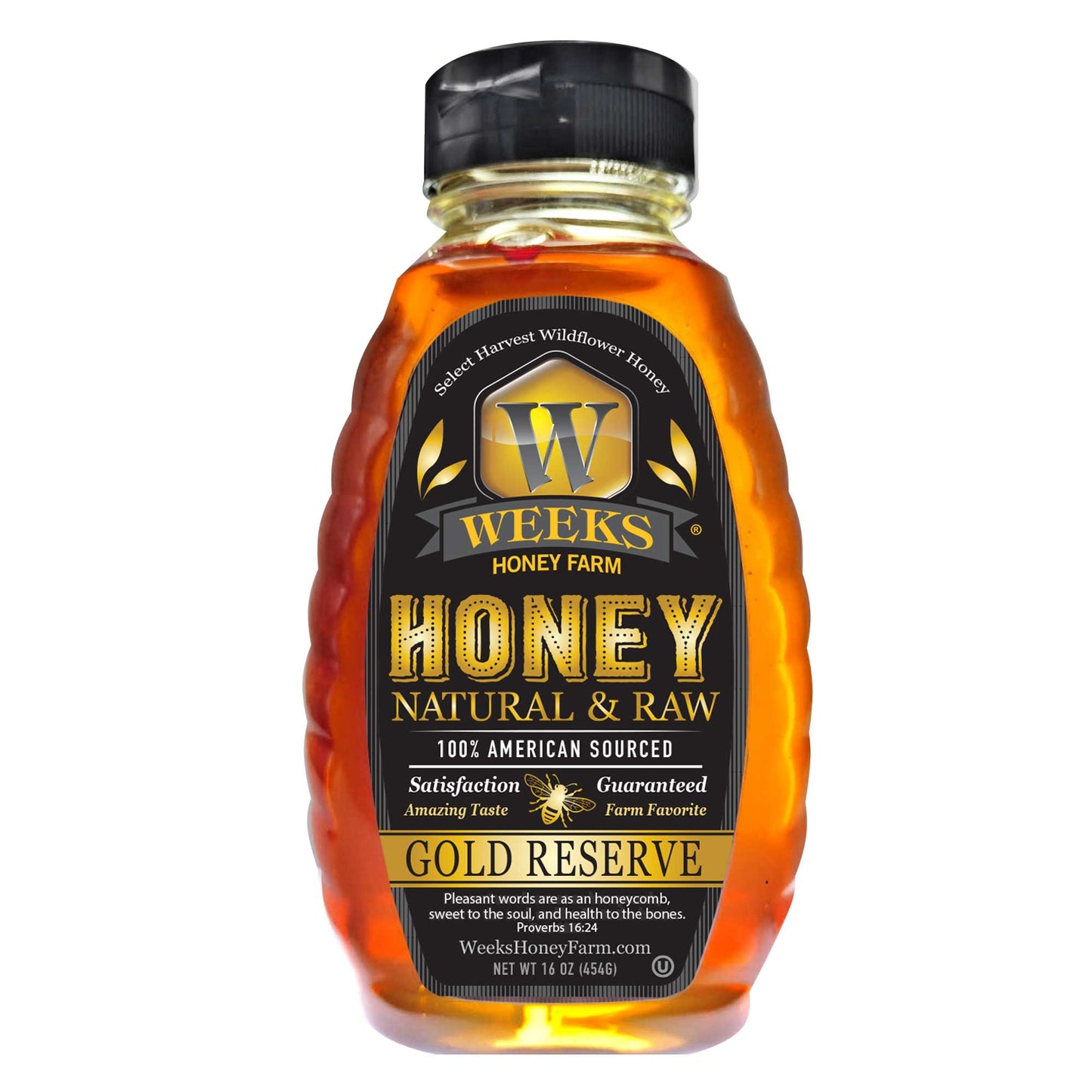 A clear plastic bottle of Weeks Raw Gold Reserve Honey, Special Edition by Weeks Honey Farm, with a black flip-top cap and gold/black label, showcasing unfiltered natural honey that’s 100% American and guaranteed authentic from Georgia.