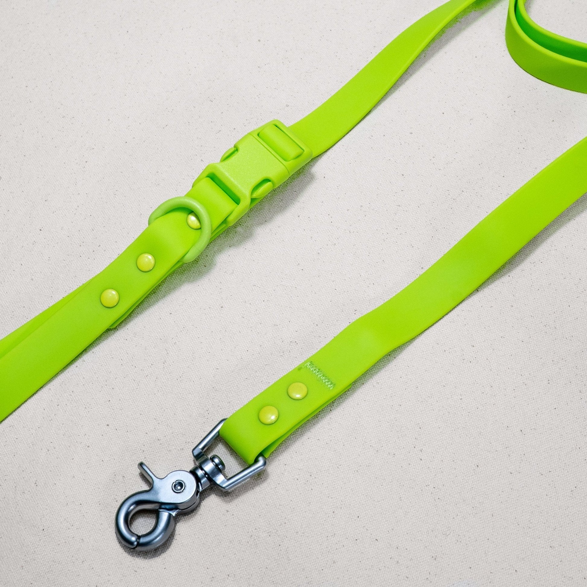 Tilley + Me waterproof PVC handsfree dog leash with adjustable handle, durable all-weather design, and odor-resistant material.