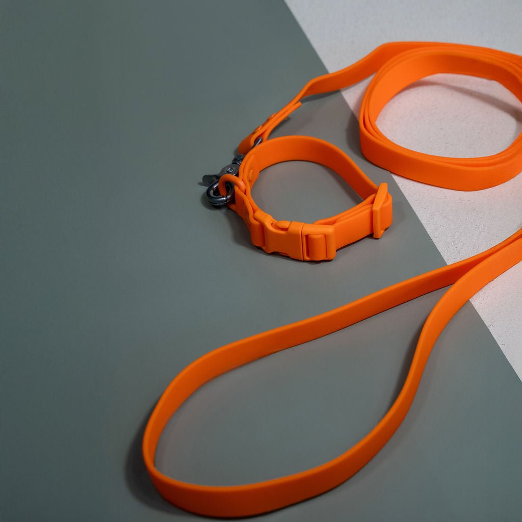 PVC handsfree dog leash by Tilley + Me, waterproof, durable, odor-resistant, designed for all weather outdoor walks.