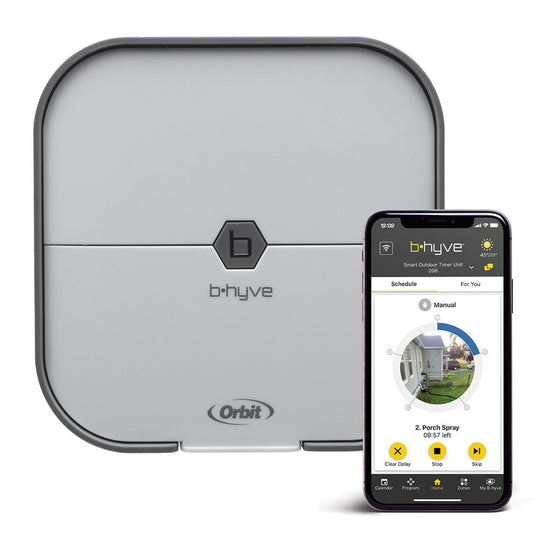 Orbit Irrigation B-hyve Smart Indoor Irrigation Controller mounted on a wall with smartphone app interface visible.