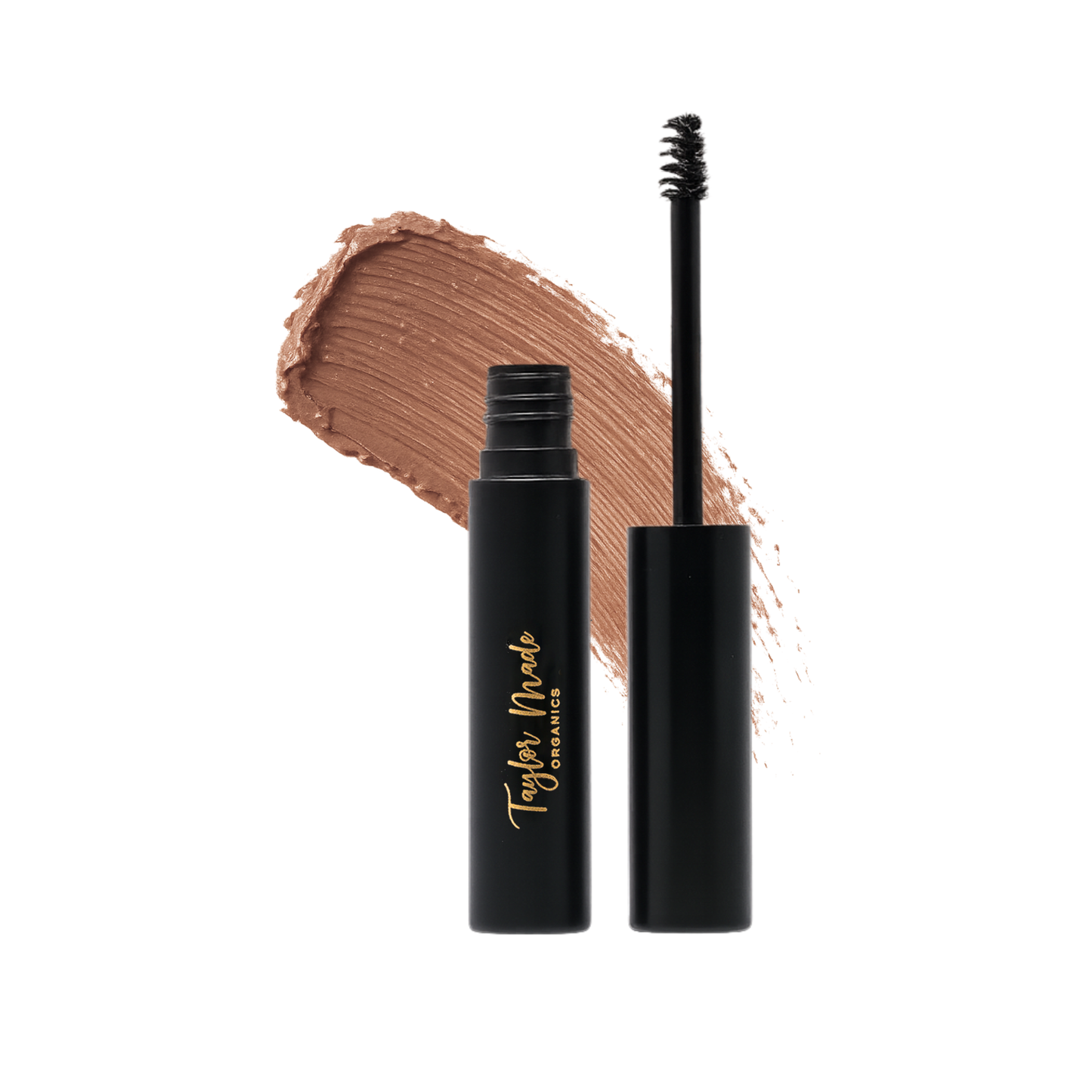 Warm brown Taylor Made Organics brow gel for tinting and taming eyebrows, with a smooth application and natural finish.