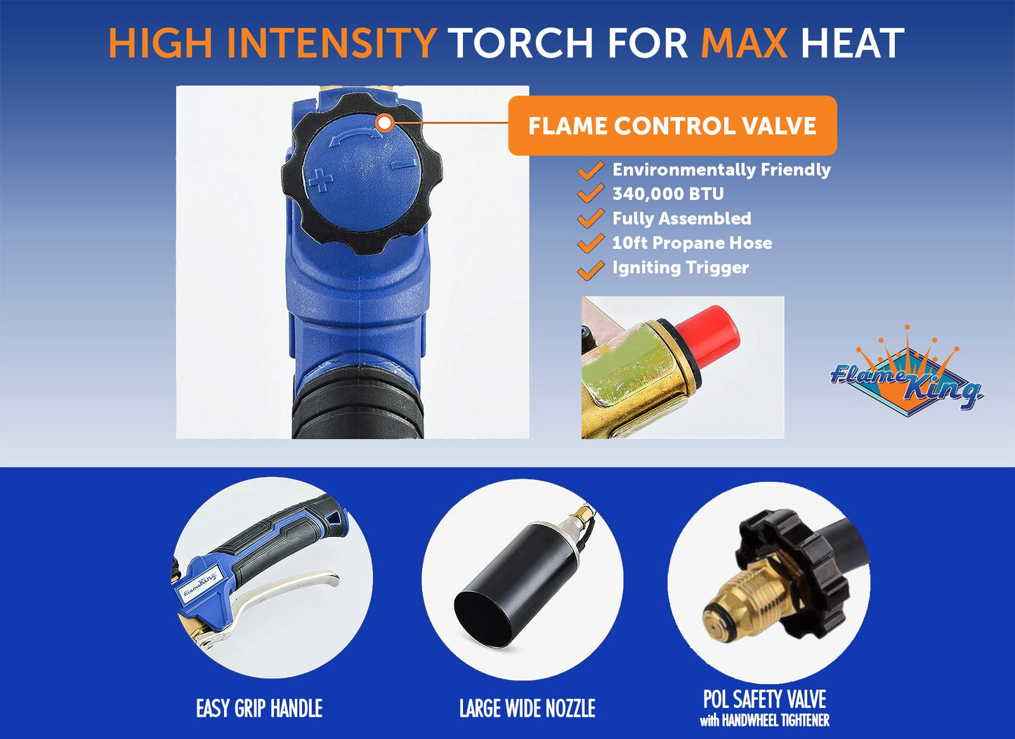 Flame King Auto Ignition Heavy Duty Propane Torch Weed Burner 340,000 BTU with Blast Trigger