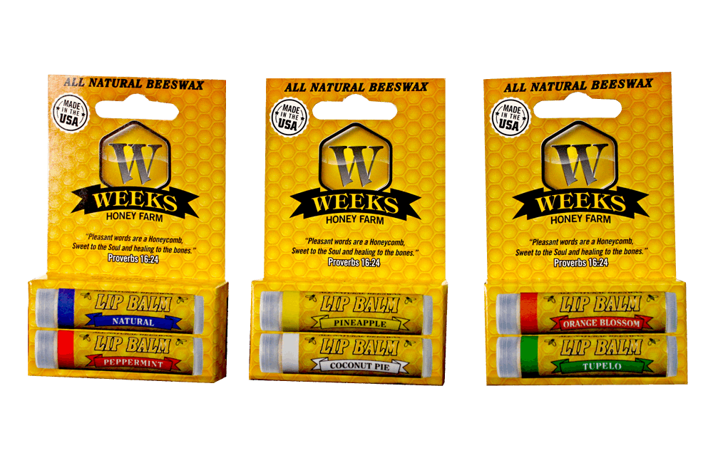 Three yellow honeycomb-patterned packs of Weeks Honey Farm All Natural Beeswax Lip Balm, each with three flavors—Natural, Peppermint, Pineapple, Coconut Pie, Orange Blossom, and Tupelo—for ultimate lip moisture. Available as singles, twin packs, or case.