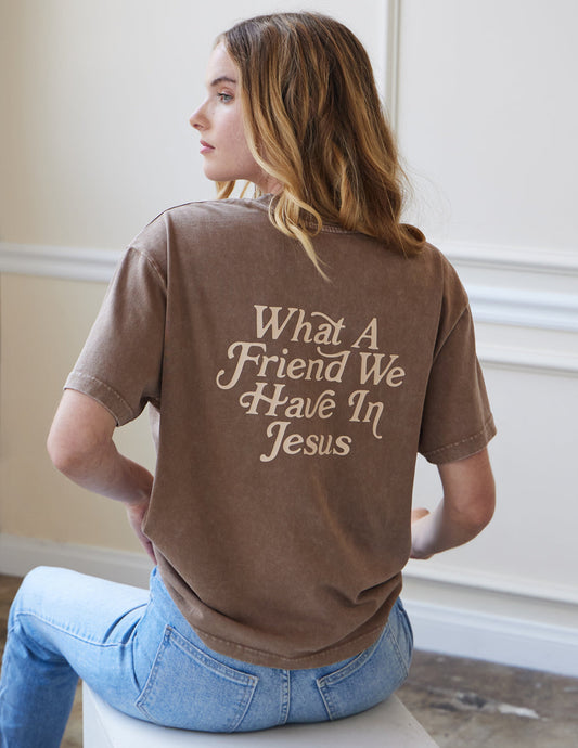 What a Friend in Jesus Brown Unisex Tee - Blessings Grow Meadows
