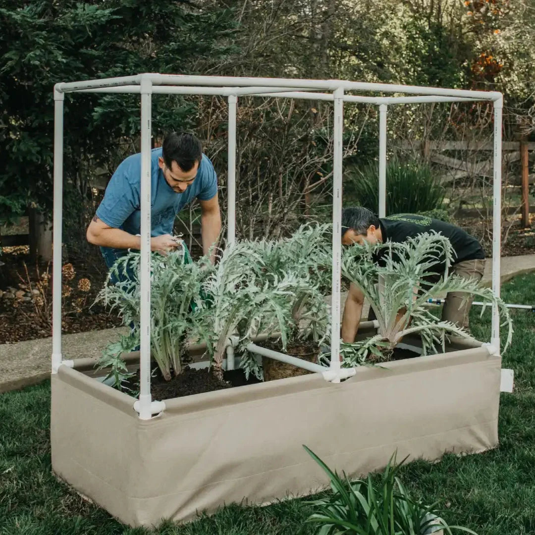 Complete kit for living soil fabric bed by Grassroots Fabric Pots, including fabric bed and materials for healthy plant growth.