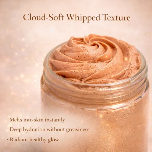 Lady May Tallow luminous bronze whipped moisturizer with shimmer in a 9 oz body cream container, featuring a smooth, bronze-tinted lotion.