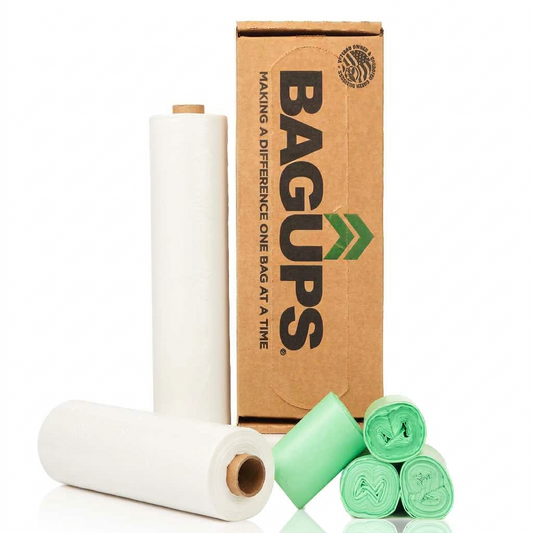 White 13-gallon trash bag pack from BagUps with four dog waste bag rolls, ideal for pet cleanup and outdoor use.