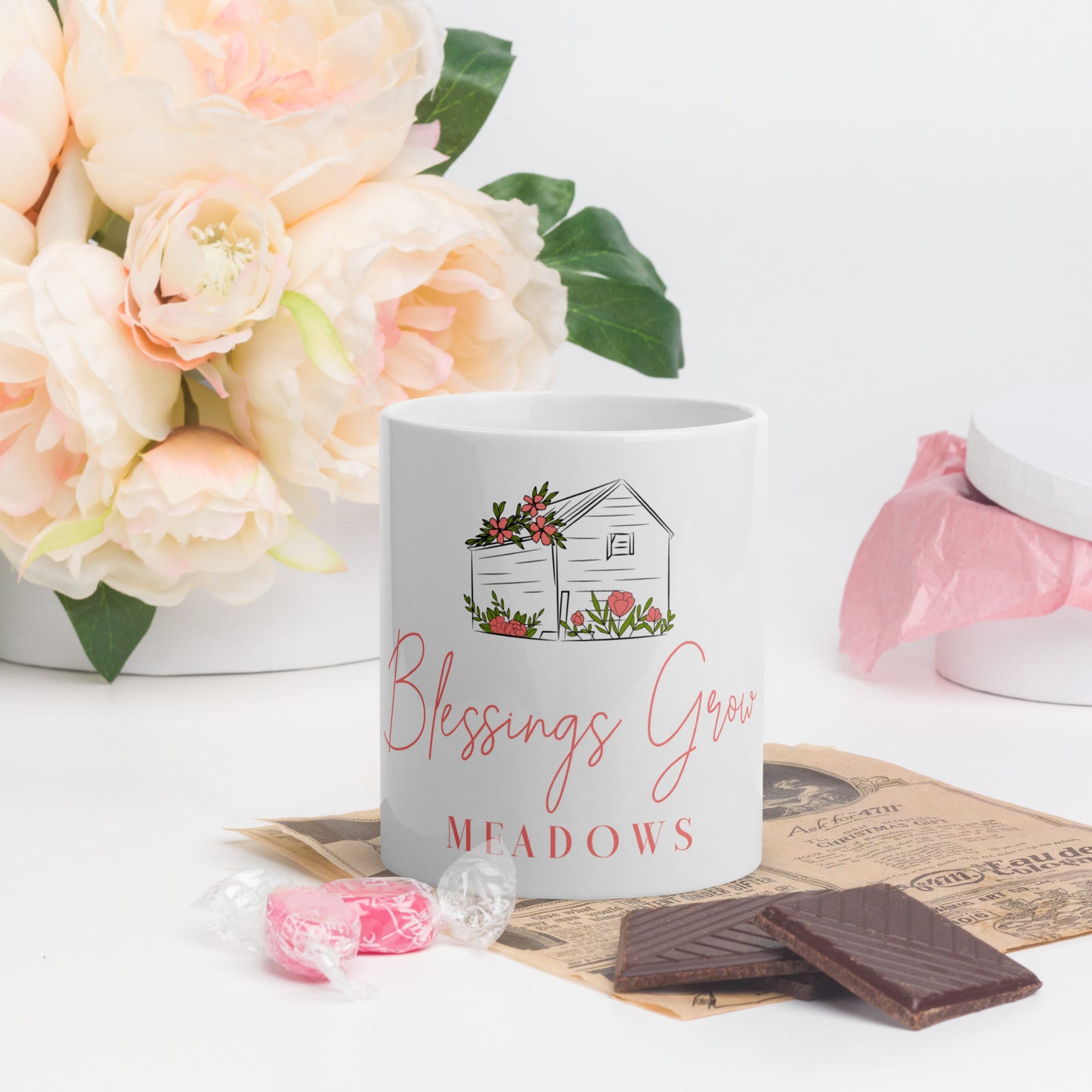 White glossy mug Blessings Grow Merch - Blessings Grow Meadows -