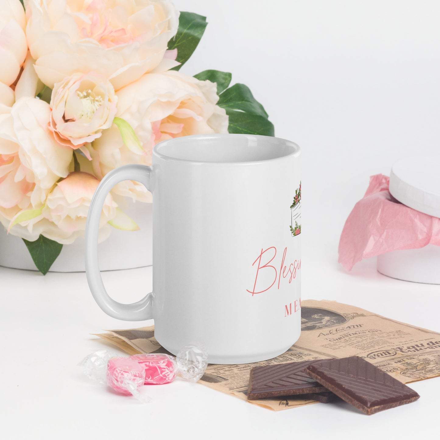 White glossy mug Blessings Grow Merch - Blessings Grow Meadows -