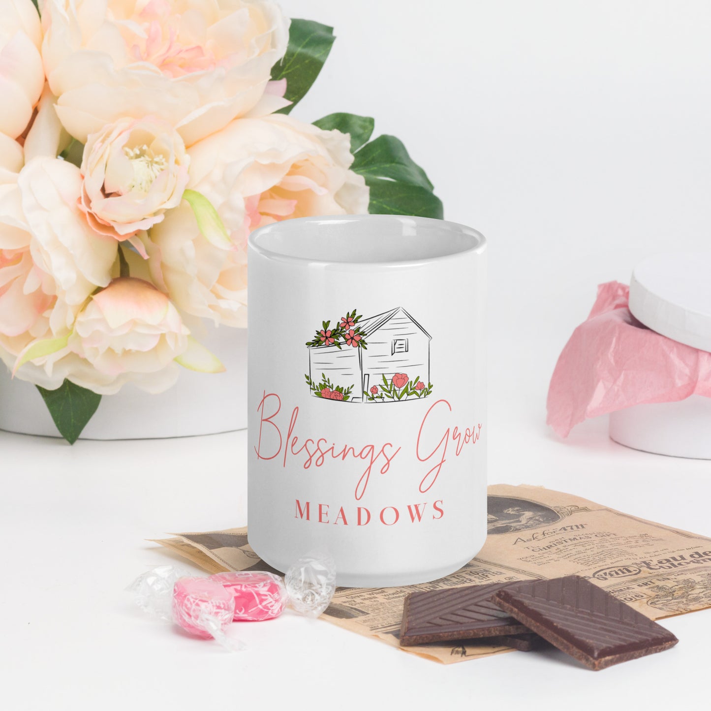 White glossy mug Blessings Grow Merch - Blessings Grow Meadows -