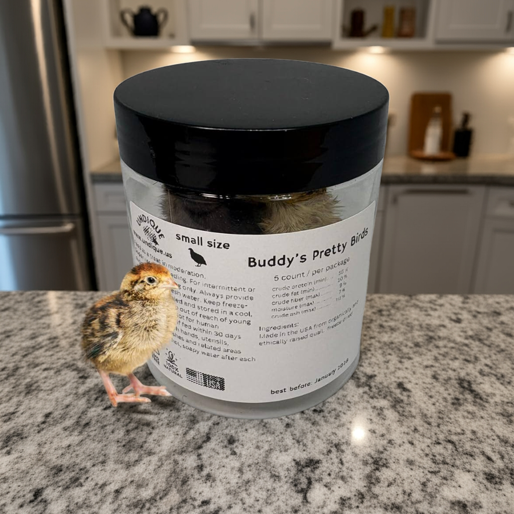 Whole freeze-dried quail for carnivore pets, premium natural pet treat, small size, fresh and nutrient-rich prey for dogs and cats.