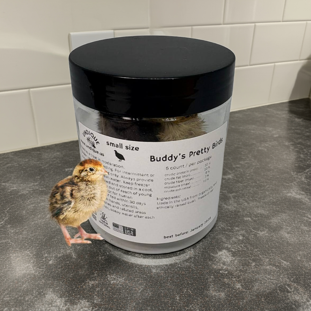 Whole freeze-dried quail for carnivore pets, premium natural treat, showing small quail with feathers and meat for prey feeding.