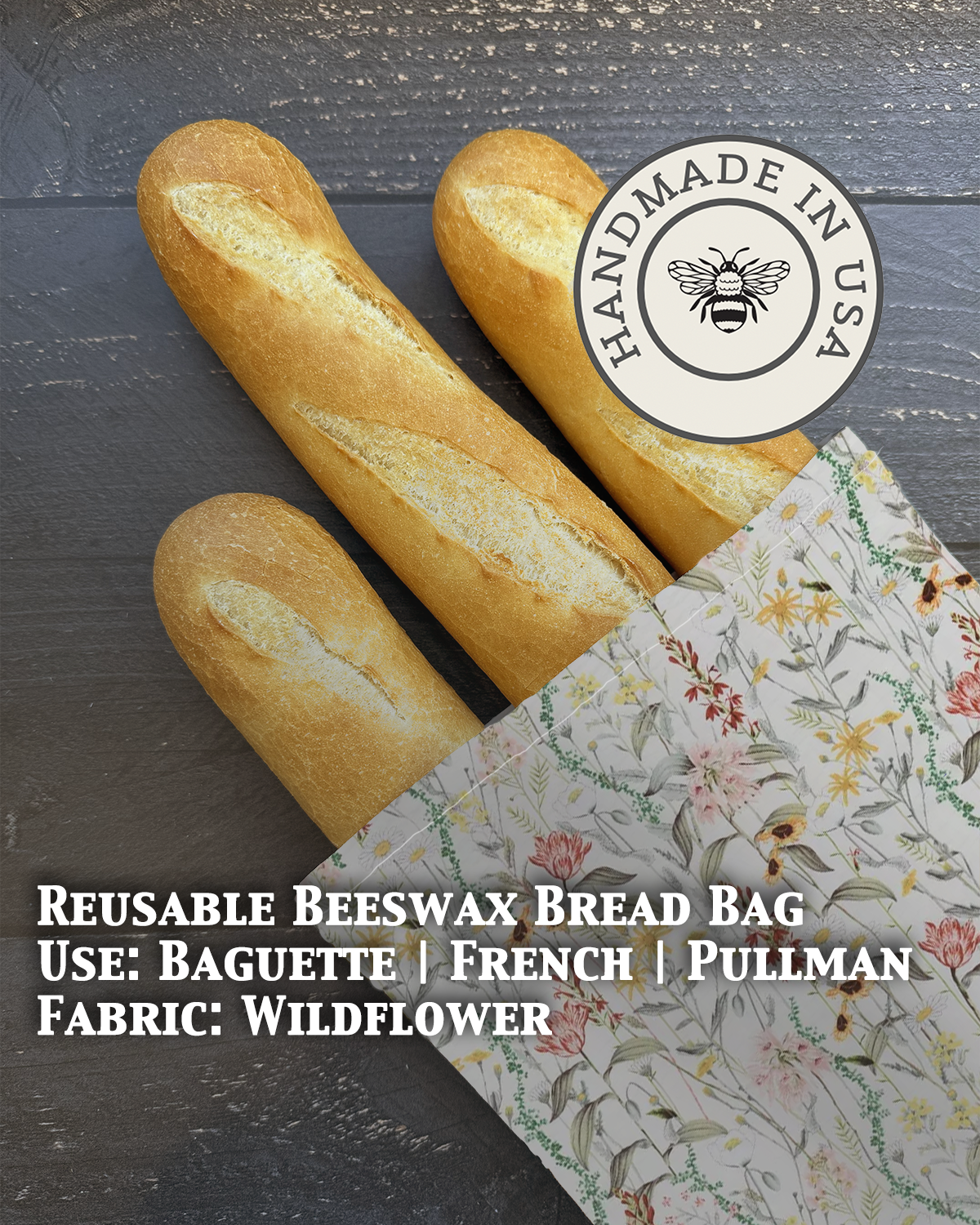 Wildflower-themed beeswaxed baguette bag from Five Oaks Farm, natural cotton with floral design and sturdy handle.