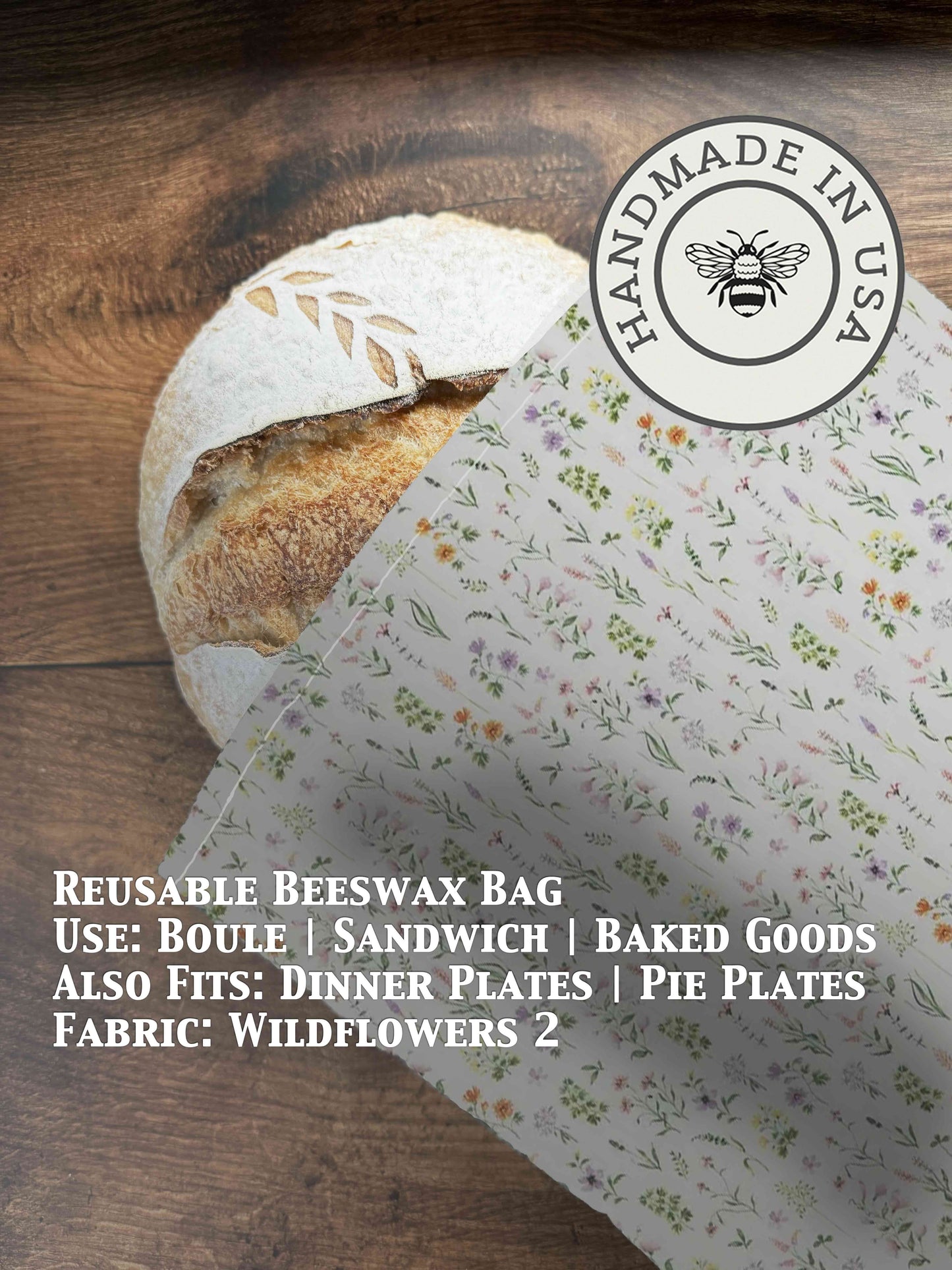 Beeswaxed bread bag from Five Oaks Farm with wildflower pattern, eco-friendly storage for homemade bread and baked goods.