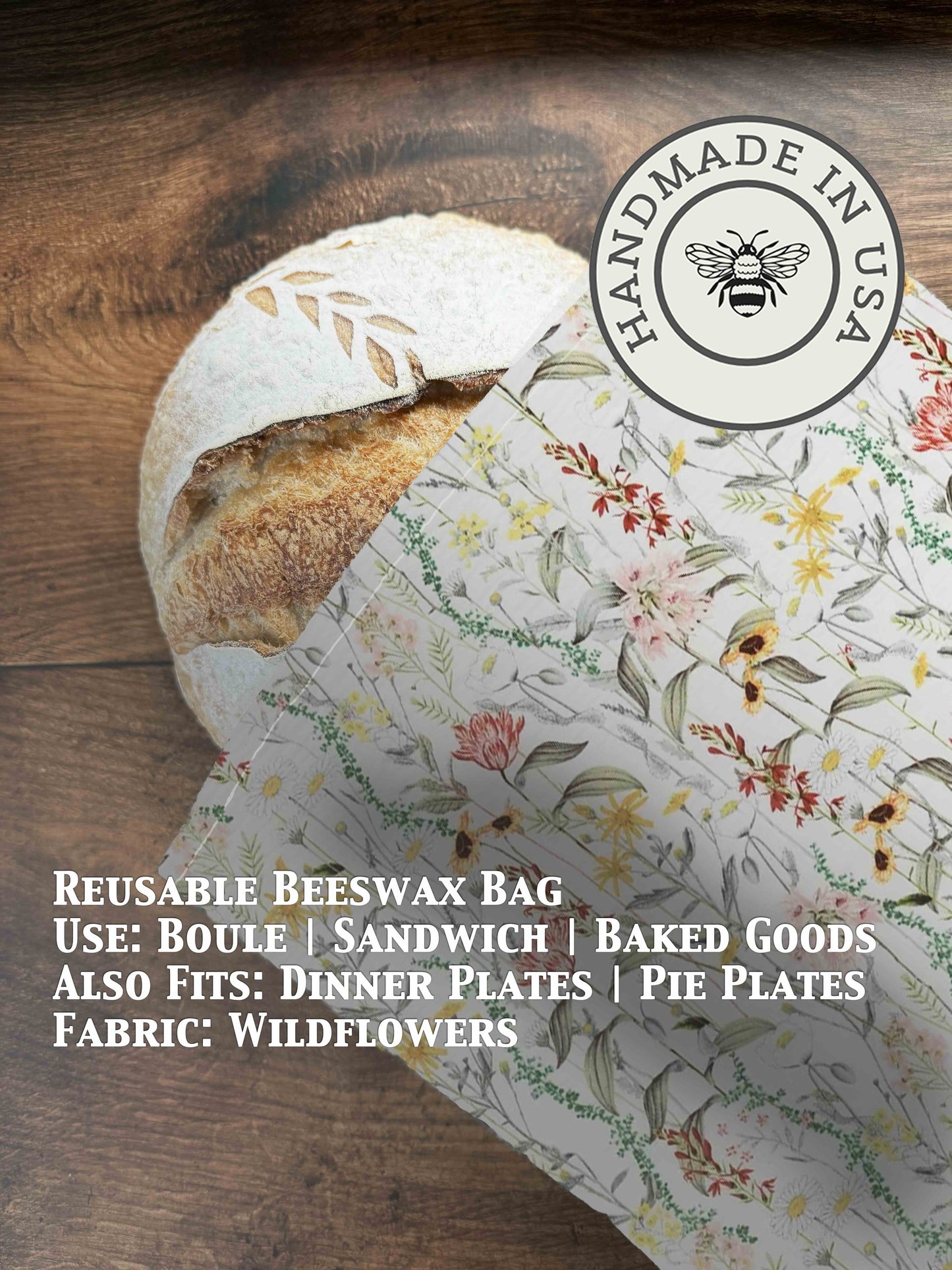 Beeswaxed bread bag from Five Oaks Farm with a rustic fabric exterior, decorated with colorful wildflowers for natural storage.