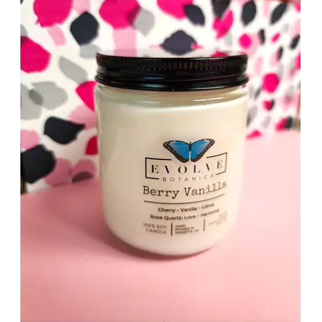 Classic 9oz Jam Jar Crystal Soy Candle - Berry Vanilla (Rose Quartz)