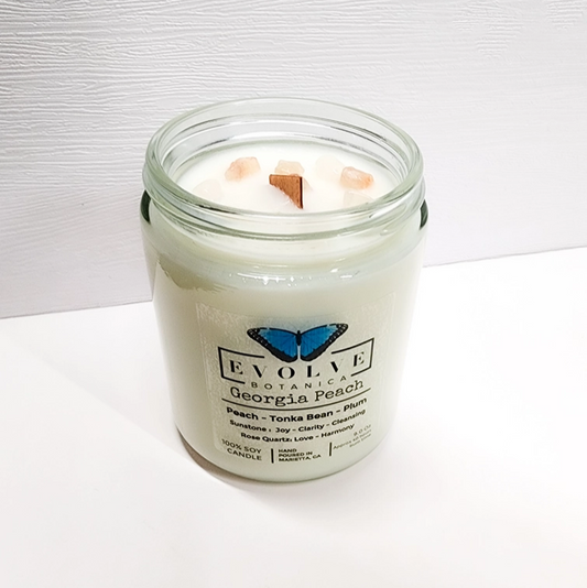 Classic 9oz Jam Jar Crystal Soy Candle - Georgia Peach (Sunstone & Rose Quartz)