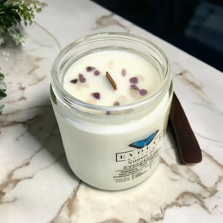 Classic 9oz Jam Jar Crystal Soy Candle - Queen of Everything (Mother's Day, Rose Quartz, Amethyst)