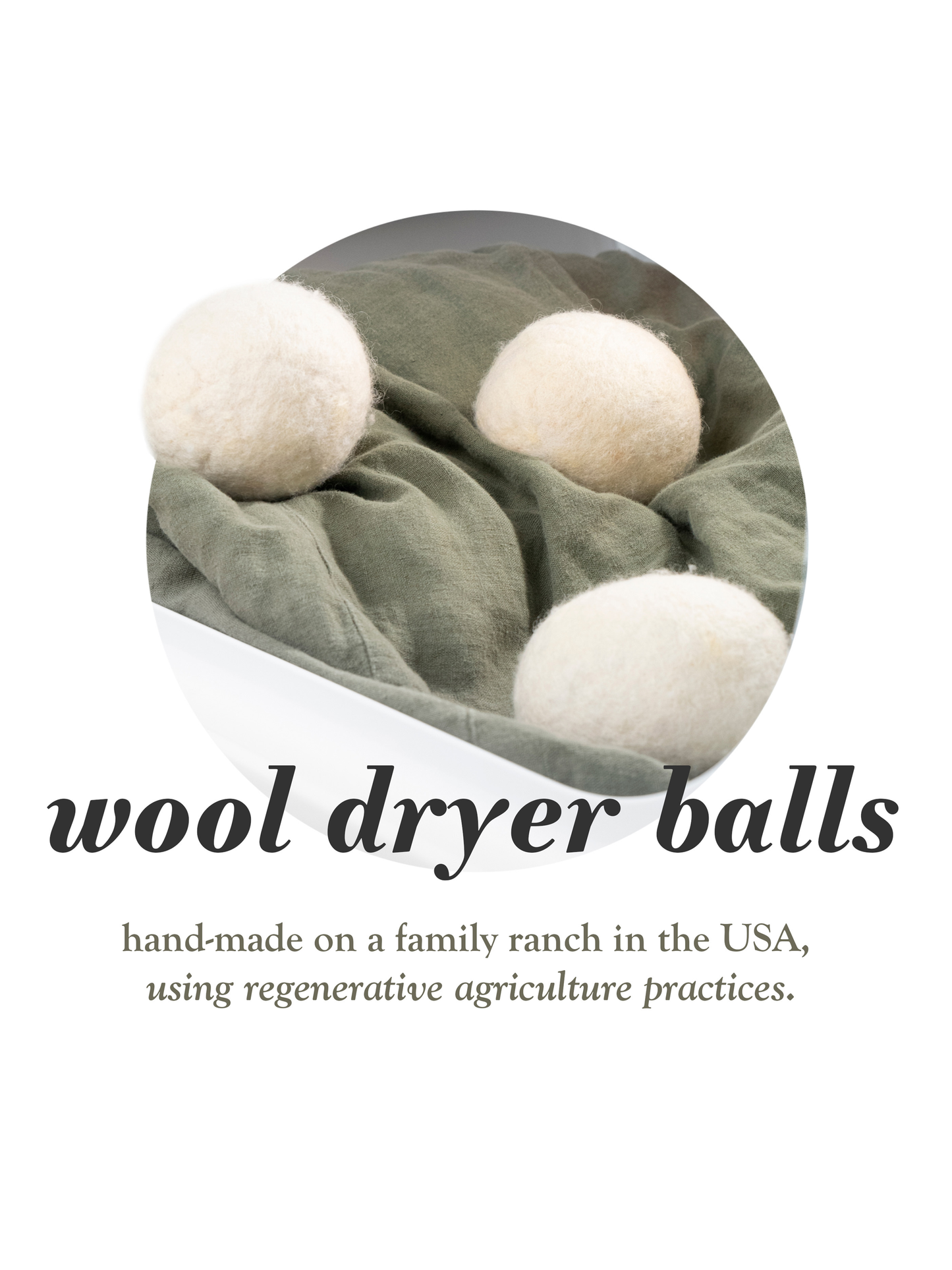 Three eco-friendly Jumbo Wool Dryer Balls from Rustic Strength rest on soft green fabric. Text below reads: Hand-made on a family ranch in the USA using regenerative agriculture practices.