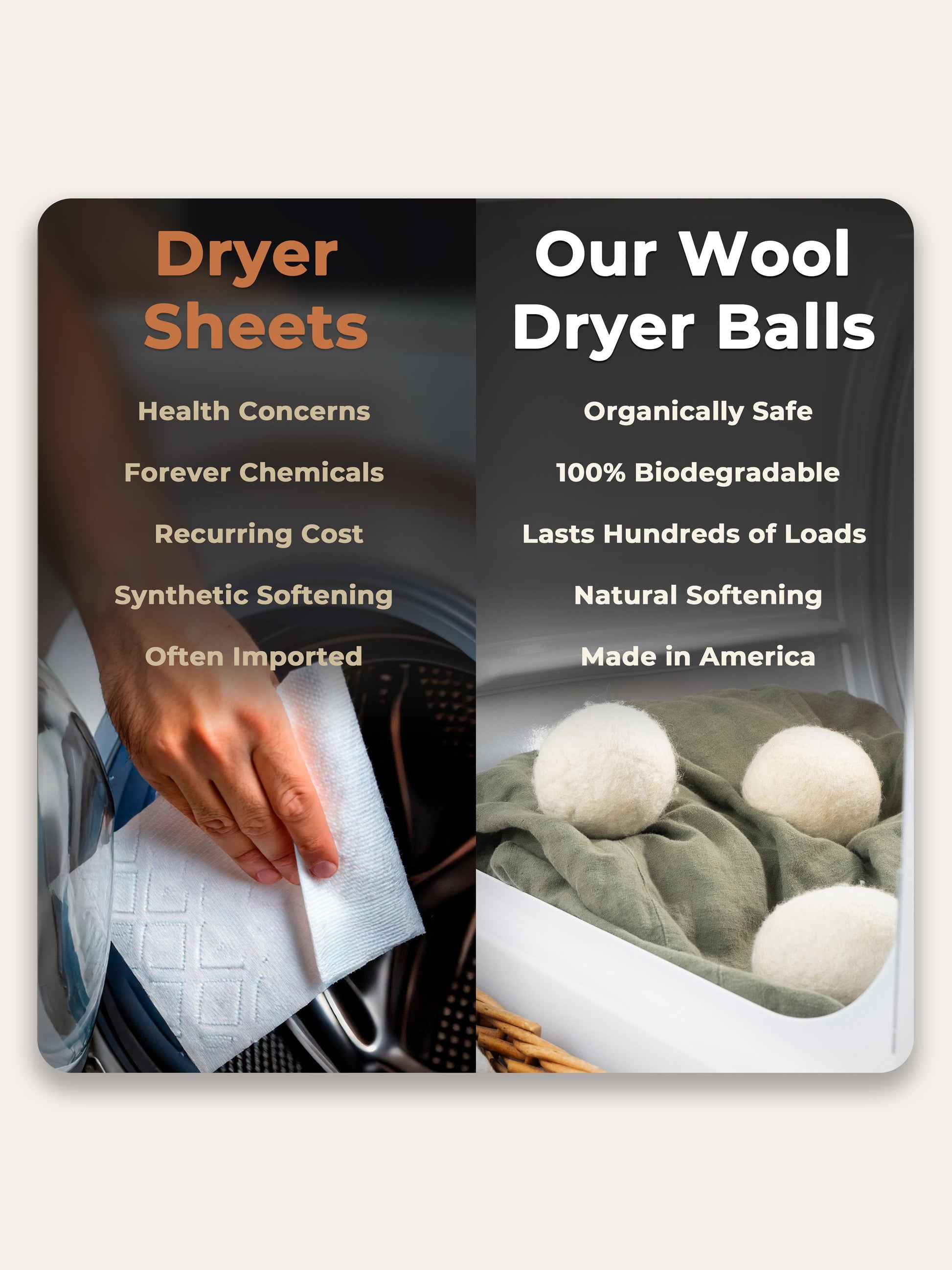 A comparison image shows hand-held dryer sheets by a washer with listed drawbacks and Rustic Strength Jumbo Wool Dryer Balls (3 pack) on fabric, highlighting eco-friendly benefits and advantages of regenerative agriculture products.