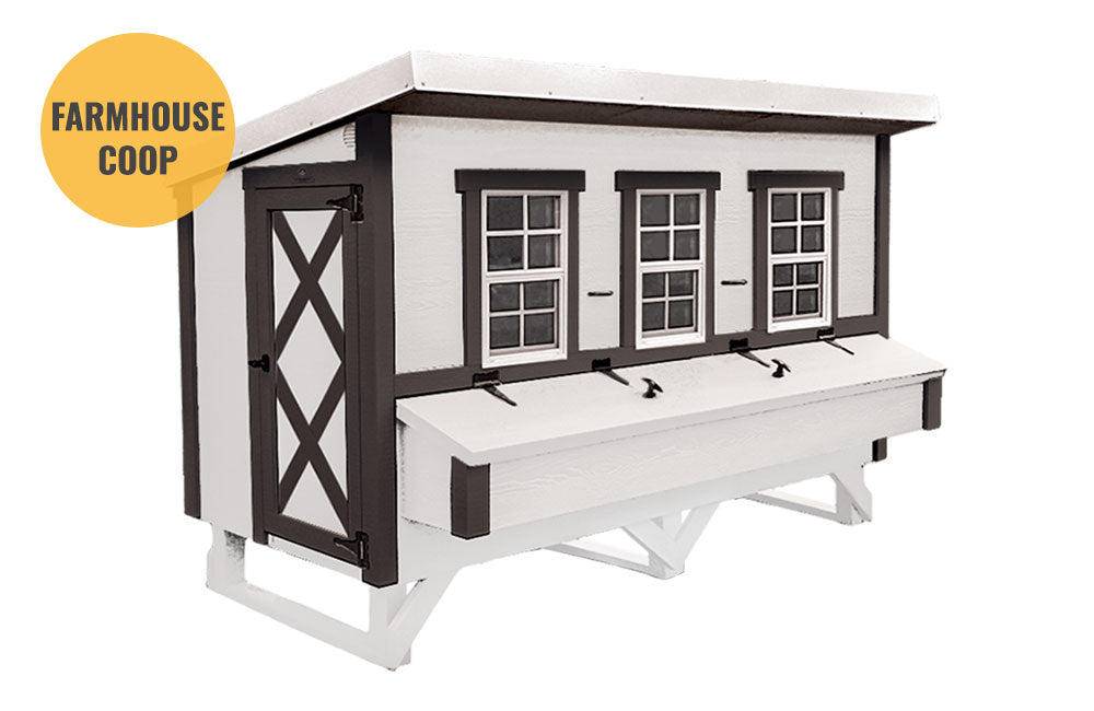 OverEZ XL chicken coop with farmhouse design, spacious shelter for up to 20 chickens, featuring a sturdy wooden structure and ventilation.