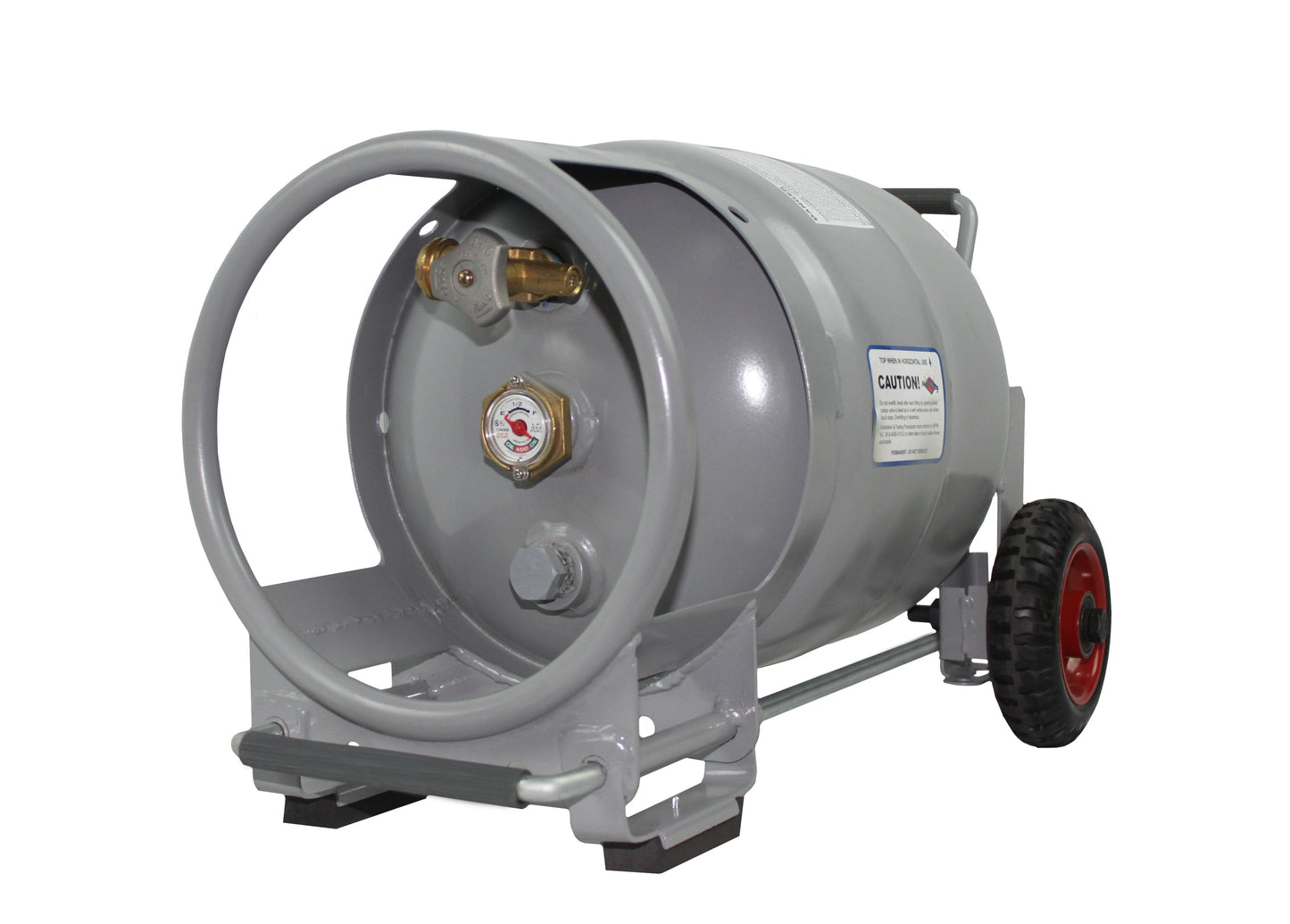 Flame King 20lb propane cylinder gauge with wheels, horizontal and vertical options, and OPD safety features for home and garden use.