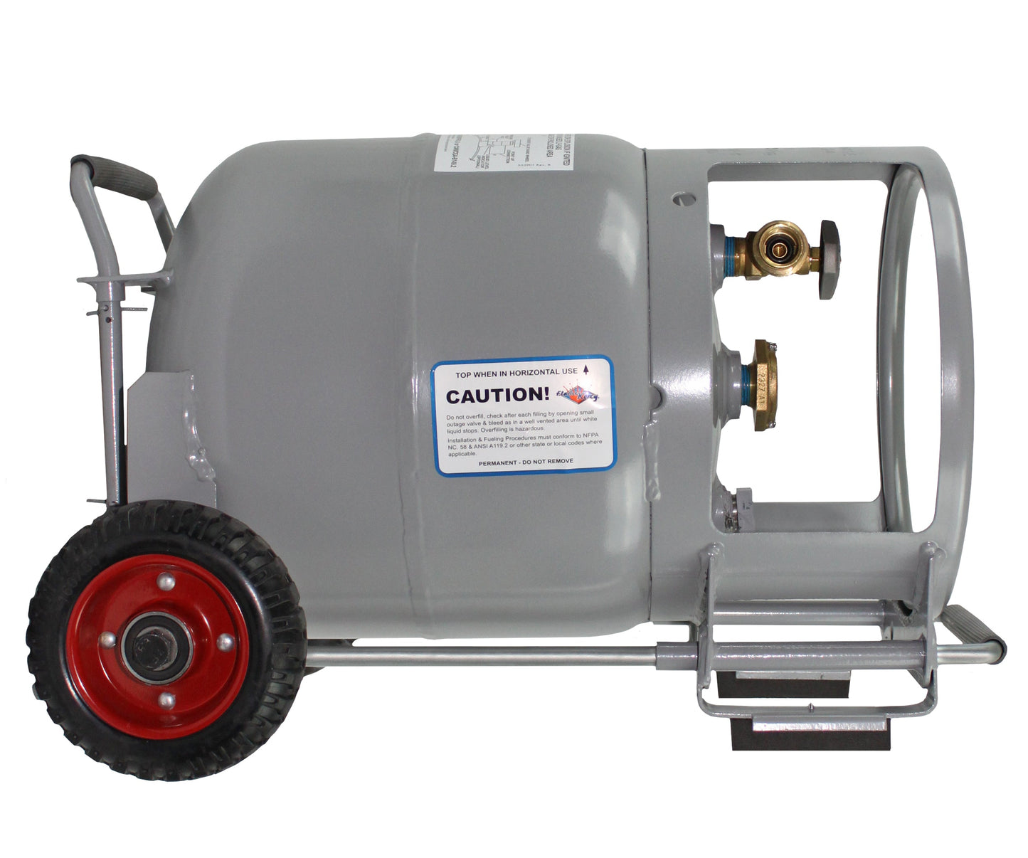 Flame King 20lb propane cylinder gauge with wheels, horizontal and vertical options, and OPD for home and garden use.