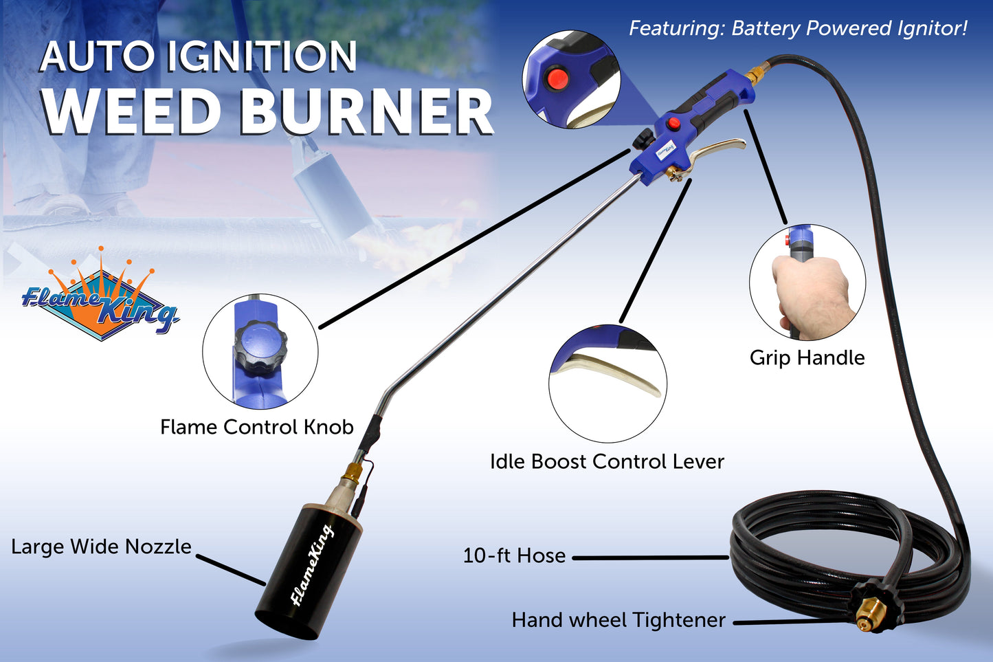 Flame King Propane Weed Burner Torch 340,000 BTU with battery-operated igniter, shown in use for outdoor weed clearing.