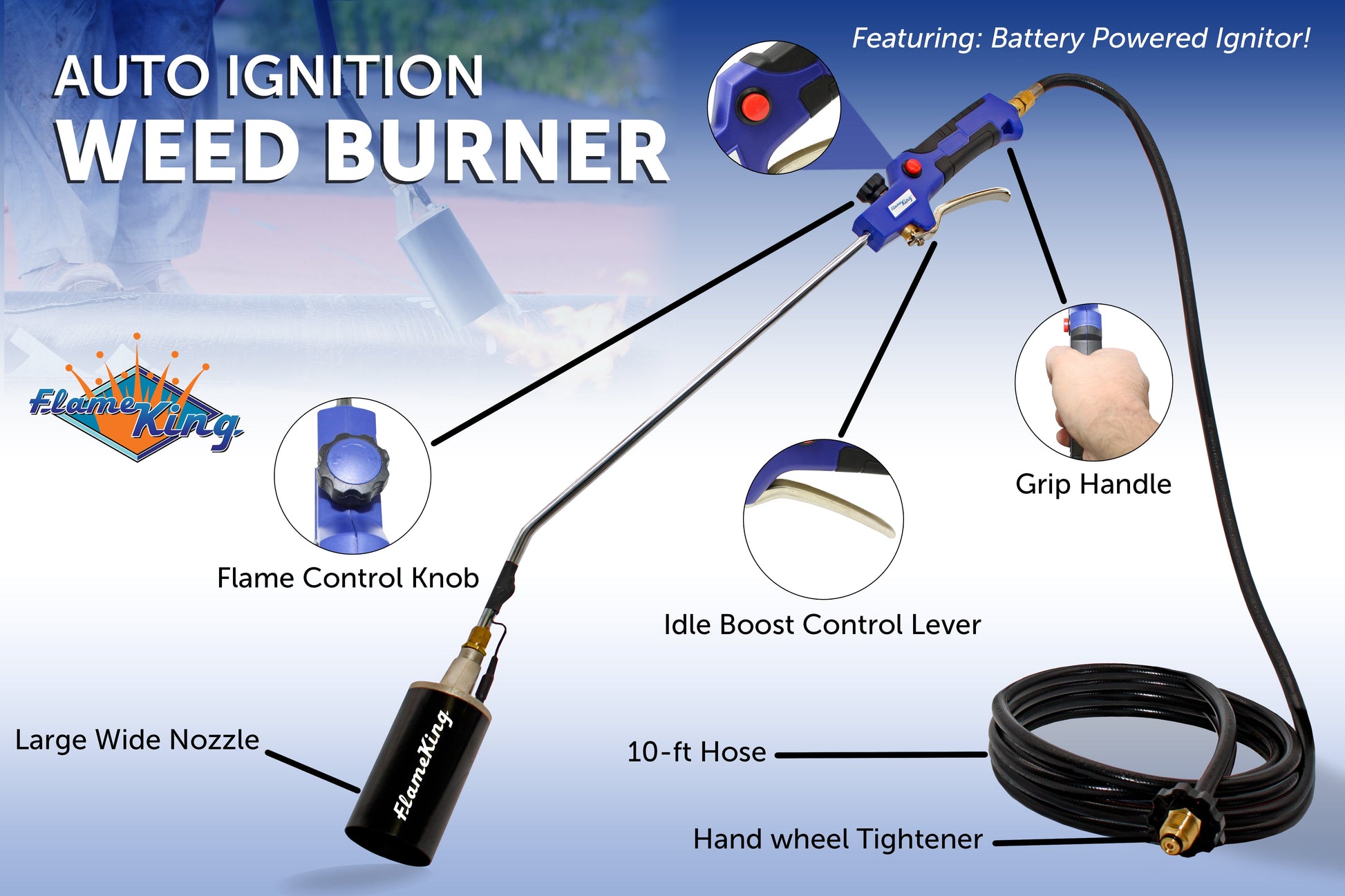 Flame King Propane Weed Burner Torch 340,000 BTU with battery-operated igniter, shown in use for outdoor weed clearing.